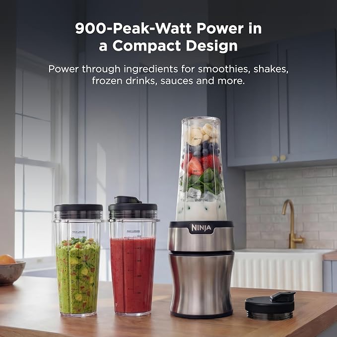 Ninja Nutri-Plus Personal Blender, 900PW, (3) 20oz Cups, Silver, BN301 900-peak-watt push-to-blend motor for smoothies & sauces. (3) 20-oz cups, 2 spout lids & storage lid. Dishwasher safe.