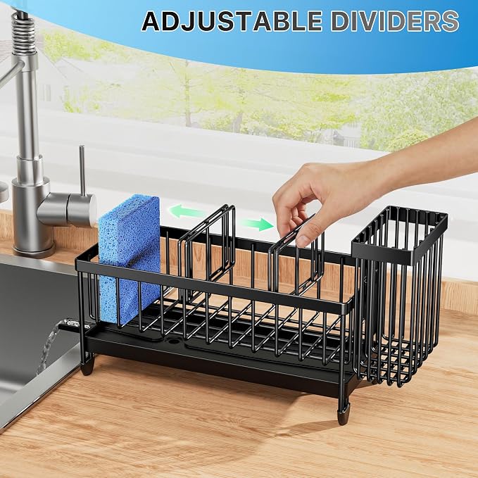 Cisily Sponge Holder for Kitchen Sink, Sink Organizer with Brush Holder Kitchen Countertop Organizers and Storage Essentials, Rustproof 304 Stainless Steel (Black, 9.25″)