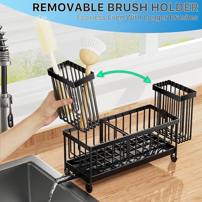 Cisily Sponge Holder for Kitchen Sink, Sink Organizer with Brush Holder Kitchen Countertop Organizers and Storage Essentials, Rustproof 304 Stainless Steel (Black, 9.25″)