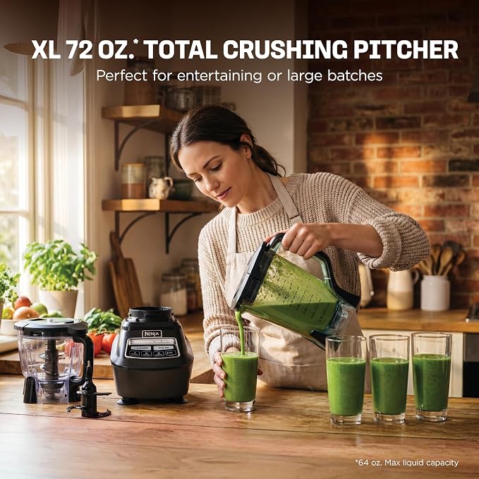 Ninja Kitchen System Pro, 1500W, 72oz Pitcher, 8-Cup, Black, BL770 1500W all-in-one blends smoothies, processes salsa & dough. 72-oz pitcher, 8-cup processor bowl, (2) 16-oz cups
