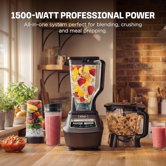 Ninja Kitchen System Pro, 1500W, 72oz Pitcher, 8-Cup, Black, BL770 1500W all-in-one blends smoothies, processes salsa & dough. 72-oz pitcher, 8-cup processor bowl, (2) 16-oz cups