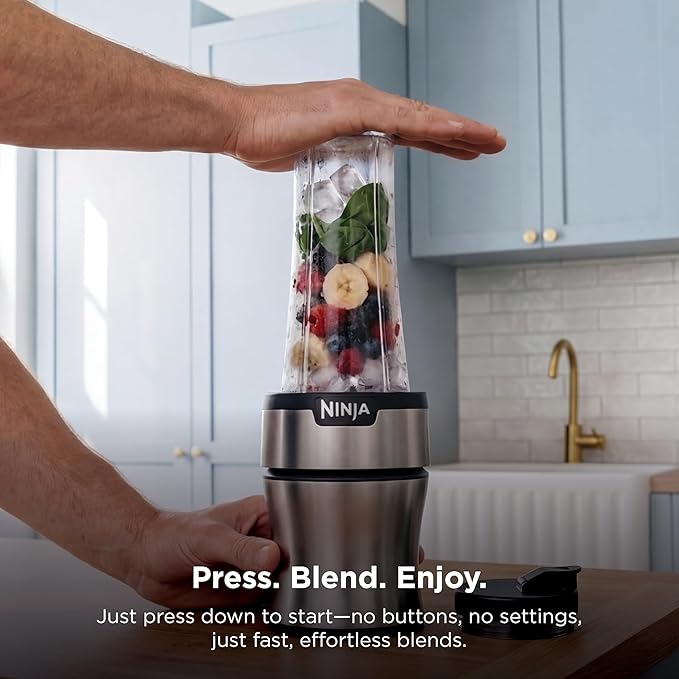 Ninja Nutri-Plus Personal Blender, 900PW, (3) 20oz Cups, Silver, BN301 900-peak-watt push-to-blend motor for smoothies & sauces. (3) 20-oz cups, 2 spout lids & storage lid. Dishwasher safe.