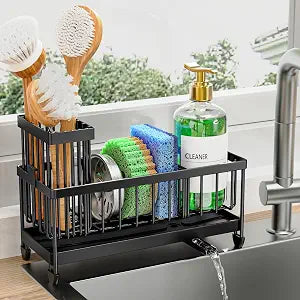 Cisily Sponge Holder for Kitchen Sink, Sink Organizer with Brush Holder Kitchen Countertop Organizers and Storage Essentials, Rustproof 304 Stainless Steel (Black, 9.25″)